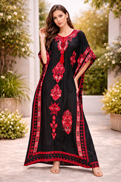 Butik Kadın Bambu Kumaş Uzun Elbise Siyah Kırmızı Desenli Bağcıklı Salaş 36-4...