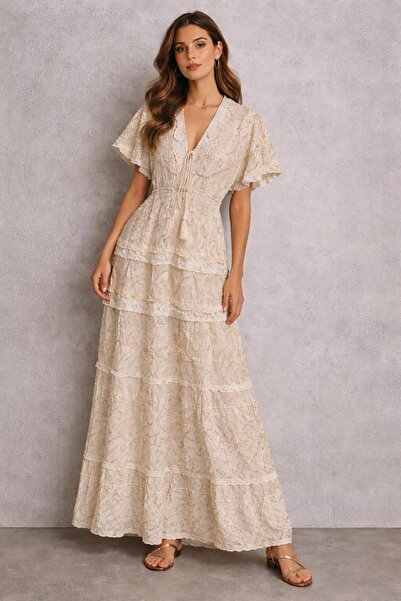 Generic Short Sleeve Maxi Dress with Cotton and Lace Embroidery