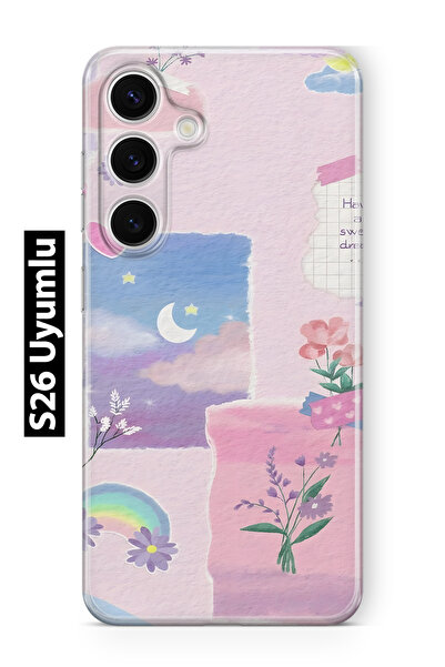 FLAMENKO Samsung Galaxy S26 Uyumlu Pastel Çiçekli Ay ve Gökkuşağı Desenli Şef...