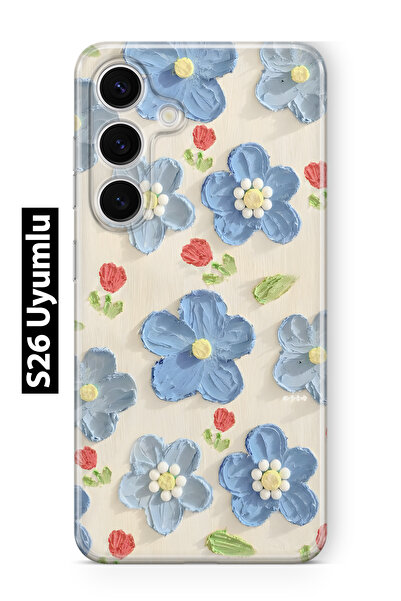 FLAMENKO Samsung Galaxy S26 Uyumlu Mavi Yağlı Boya Çiçek Desenli Şeffaf Telef...