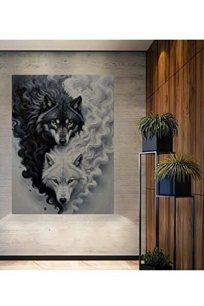 Teona Ahşap Aslan ve Beyaz Kurt Yin Yang Yağlı Boya Görünümlü Ahşap Dekoratif...