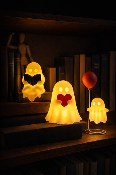 PRİNTELLA 3’lü Hayalet Figür Dekoratif Set Kitap Okuyan Kalpli ve Balonlu Mod...