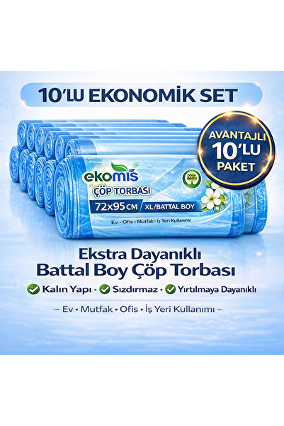 Ekomis Çöp Torbası Battal Boy 10’lu Set – Dayanıklı, Sızdırmaz, Ekonomik Paket
