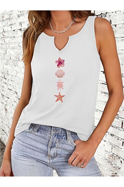 Deocept Femei Sea Shell cu imprimeu Decolteu în V, fără mâneci, croială obișn...