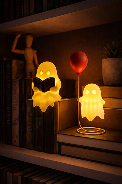PRİNTELLA LED Kitap Okuyan Hayalet & Kırmızı Balonlu Hayalet Dekoratif Gece L...