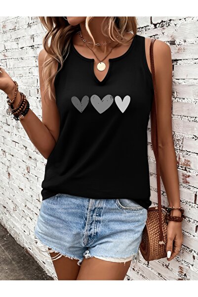 Deocept Γυναικείο μπλουζάκι Heart με τύπωμα με μισό V-λαιμόκοψη, αμάνικο, καν...