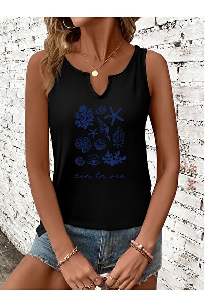 mercoledi Women's Sea Shell Printed Half V-Neck Sleeveless Regular Fit Casual...