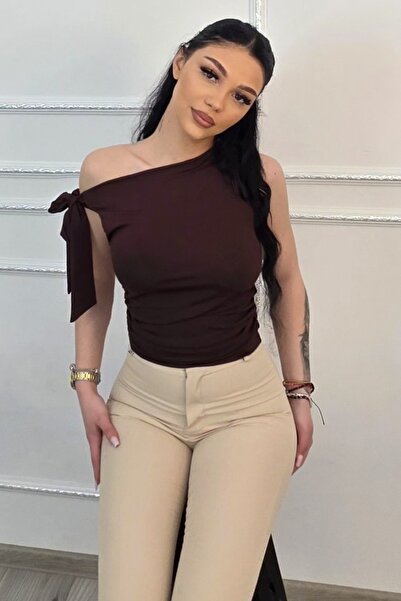 FashionForYou Elegant Camell top with side tie and pleats, BROWN, S