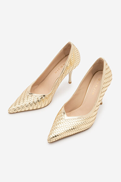 Marjin Women's Stiletto Pointed Toe V-Neck Knitwear Patterned Heeled Shoes El...