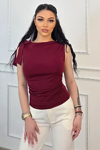 FashionForYou Elegant Camell top with side tie and pleats, Burgundy Red, S