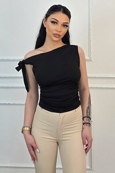 FashionForYou Elegant Camell top with side tie and pleats, Black, S