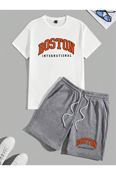 donamod Men's 2-Piece Oversize Basic Boston International Red Lettering Botto...