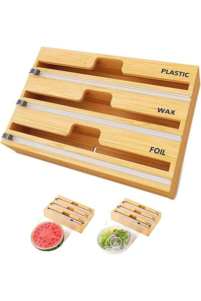 Arabest Plastic Wrap Dispenser, 3 in 1 Bamboo Wrap Organizer with Cutter and ...