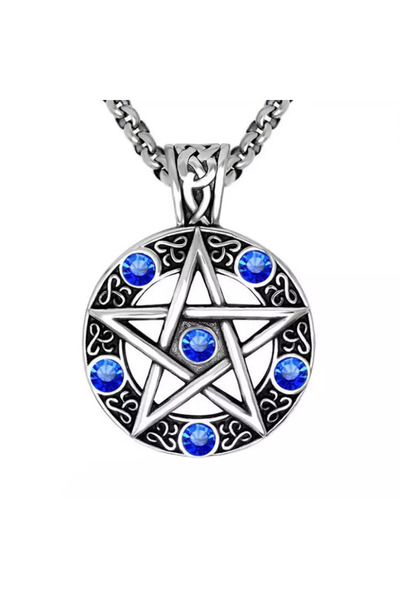 EFAYN.RO Chain with round pendant, pentagram pattern, unisex, blue, EFAYN