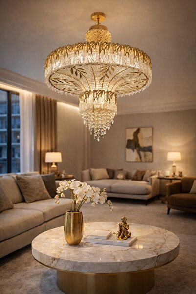 Vinner Nova Gold Kristal Sarkıt Avize 80cm E14x25 LED Premium Salon Otel Avizesi