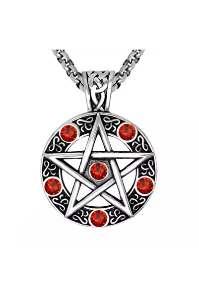 EFAYN.RO Lant cu pandantiv rotund, model pentagrama, unisex, rosu, EFAYN