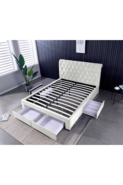 MarketMob 160x200 cm Sunday Cream Bed with 4 Drawers Upholstered Velvet