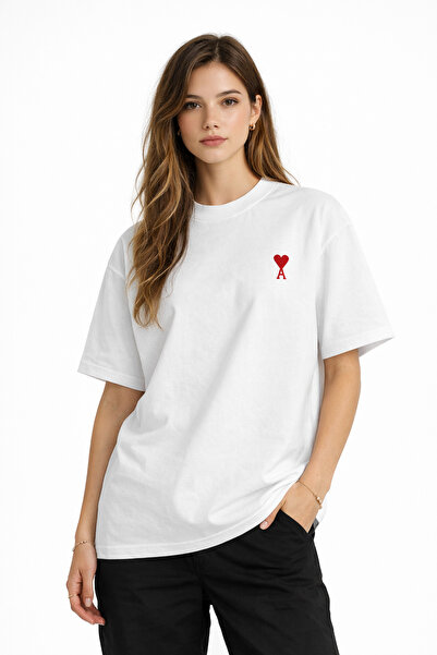 CAMBLYS UNİSEX KADIN ERKEK KALP DESENLİ AMİ ÖN BASKILI OVERSİZE KALIN KUMAŞ B...