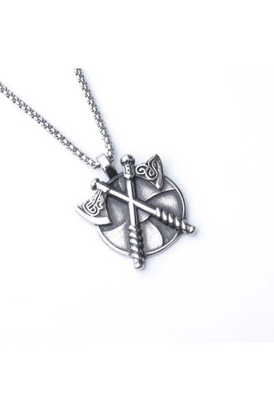 EFAYN.RO Lant unisex, pandantiv viking, model cu scut si topoare, berseker wa...