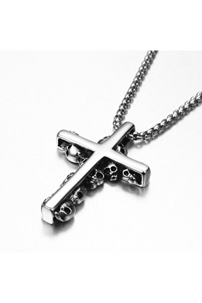 EFAYN.RO Lant cu pandantiv cruce si capete de schelet, model gothic, unisex, ...