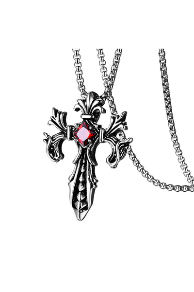 EFAYN.RO Lant model gotic, pandantiv cruce cu cristal, unisex, rosu, EFAYN