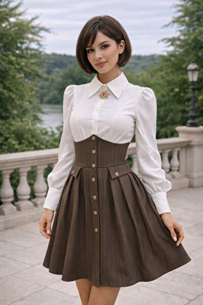 Divin store Elegant two-piece dress with white top and powder brown striped s...