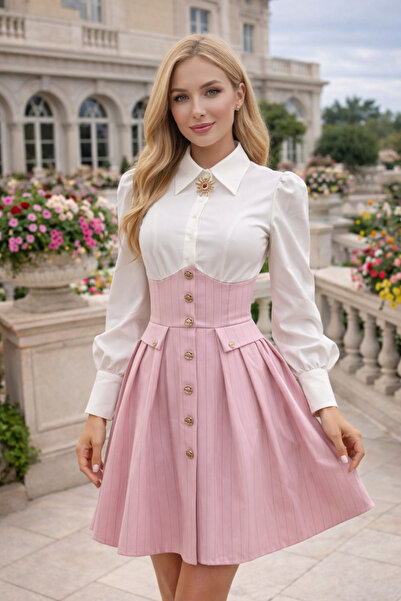 Divin store Elegant two-piece dress with white top and powder pink striped skirt
