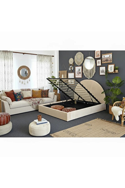 MarketMob Pat Bond Lada Depozitare 160x200 cm Tapitat Catifea Stripe Beige So...