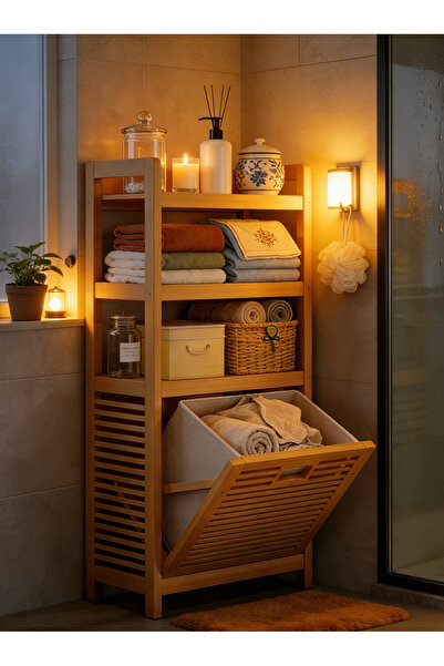 Bayt Aura خزانة تخزين غسيل من الخيزران مع سلة قابلة للإزالة، رف 3 طبقات للحما...