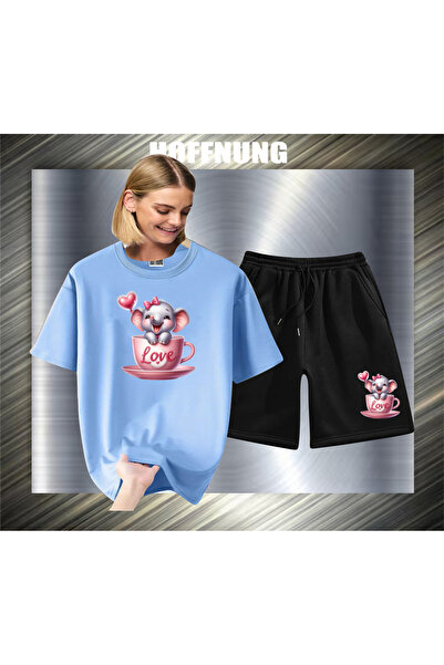 HOFFNUNG Unisex Casual Short Sleeve Set with Love Elephant Print Outdoor Spri...