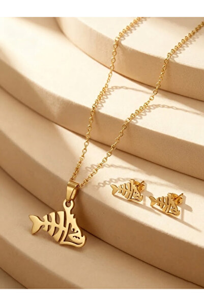 NO BRAND 18K Gold Plated Stainless Steel Fishbone Clavicle Necklace and Earri...