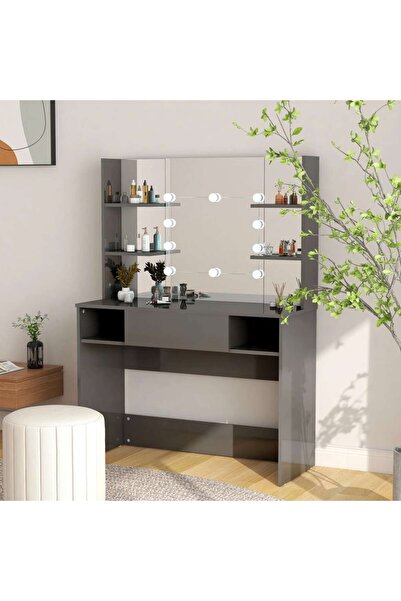 Concept Masă de machiaj cu lumini LED, gri lucios, 100x40x135 cm, MDF