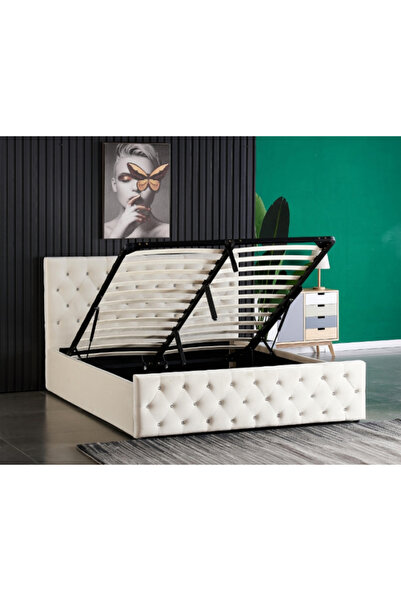 MarketMob Pat Bravo 160x200 cm Lada Depozitare Tapitat Crem Somiera Inclusa