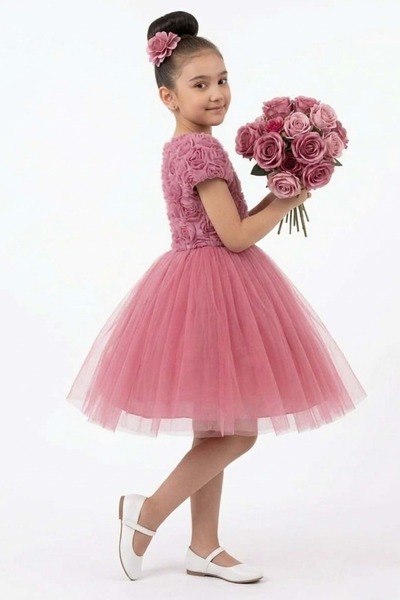 s.t. sebat tekstil Tü Tulle Ü Short Sleeve Rose Buckled Girl's Party Dress Dried Rose