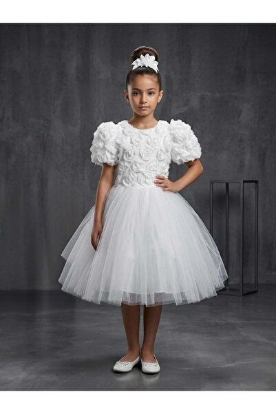 s.t. sebat tekstil Tü Tulle Ü Short Sleeve Rose Buckled Girls Party Dress White