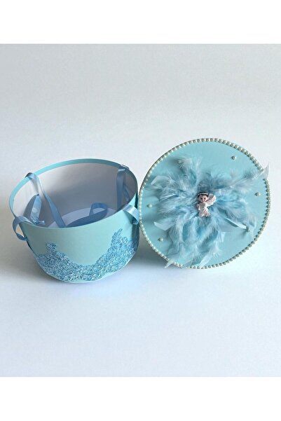 Your Baby Store Cufar cutie botez – blue , model ingeras cu pene si dantela