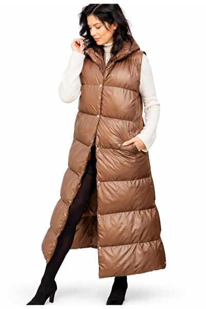 Nobrand Women's long quilted cappuccino Vest with Hooded and pockets