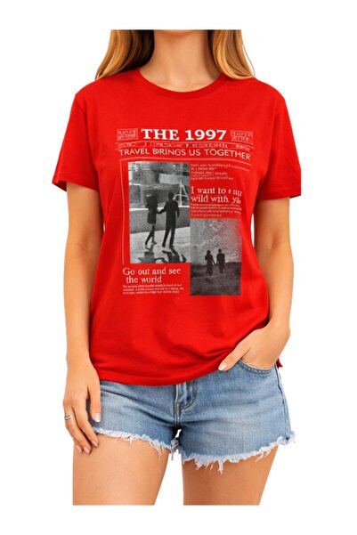 ship master Unisex Vintage T-Shirt με στάμπα εφημερίδας, υπερμεγέθη κόκκινο μ...