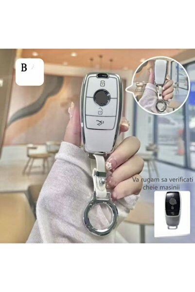 QGC 3-button car key cover, matte silver, leather strap, metal ring, 0238