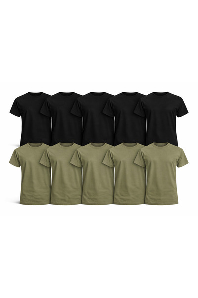 MONOTEE Set of 10 Black and Khaki Men's T-Shirts 100% Cotton, Simple Basic So...