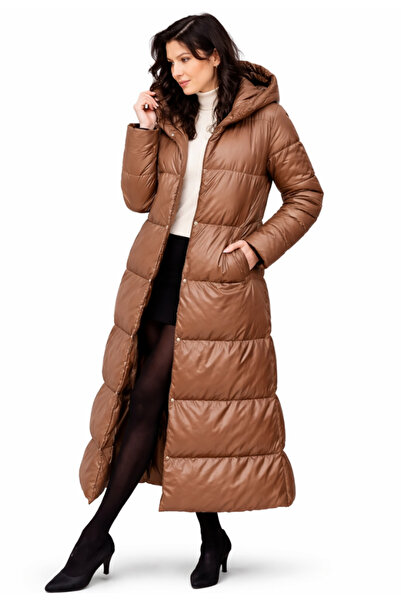 Nobrand Women's long quilted cappuccino jacket with Hooded and oversized cut