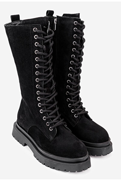 Dasha Women's high black Leather boots with laces and zipper