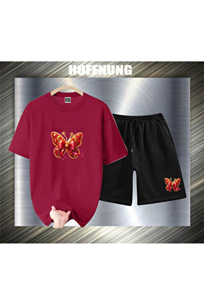 HOFFNUNG Unisex Casual Short Sleeve Set with Red Butterfly Print Outdoor Spri...