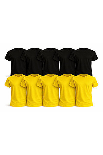 MONOTEE Set of 10 Black and Yellow Men's T-Shirts 100% Cotton, Simple Basic S...