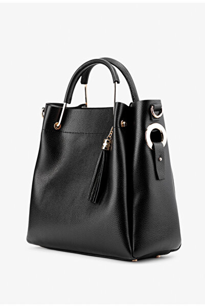 Dasha Black textured Leather women's bag with tassel accessory