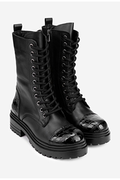 Dasha Ghete dama negre din piele naturala cu insertii negre lucioase