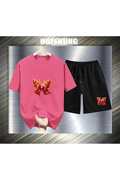 HOFFNUNG Unisex Casual Short Sleeve Set with Red Butterfly Print Outdoor Spri...