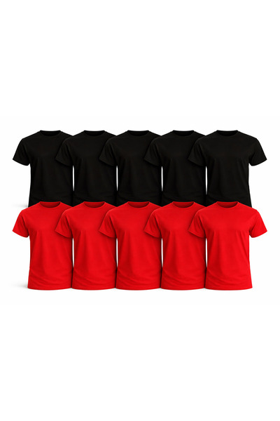 MONOTEE Set of 10 Black and Red Men's T-Shirts 100% Cotton, Simple Basic Soli...