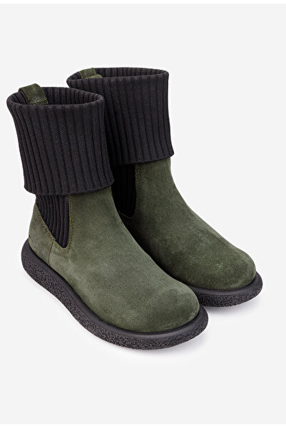 Dasha Women's khaki Leather boots with black textile material