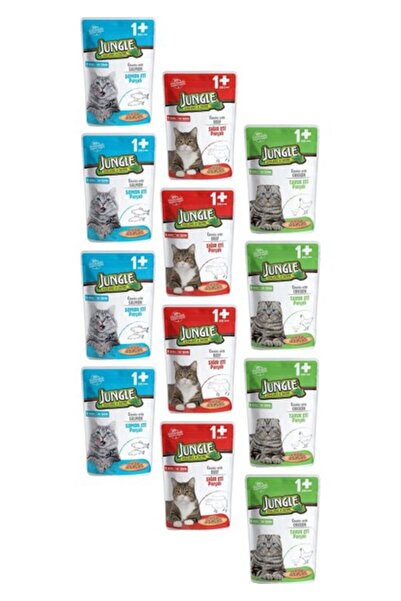 Jungle Pouch Gravy Soslu Karışık Paket Somon-Tavuk-Biftek Yaş Kedi Maması 100...